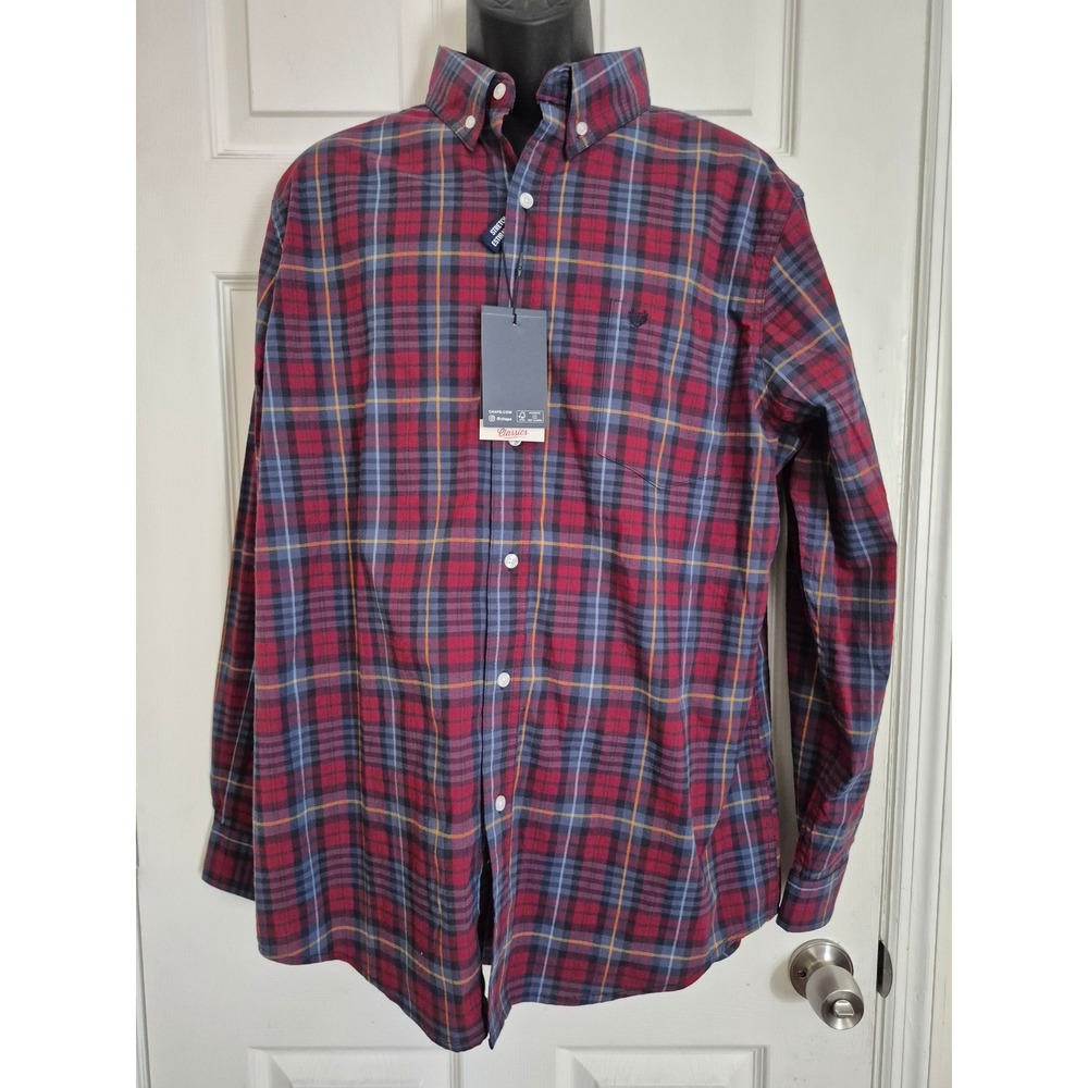 Chaps Mens XL Stretch Plaid Button Down Shirt Red Navy Blue Long Sleeve NWT